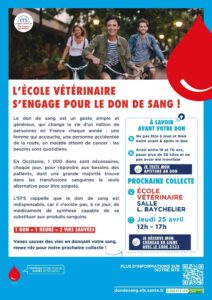 Visuel de l'EFS sur lequel est écrit "L'école vétérinaire s'engage pour le don du sang". 